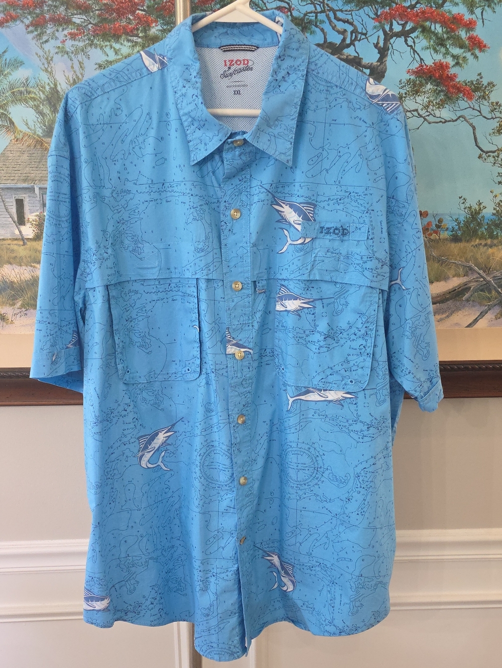 Izod Surfcaster Light Blue Marlin Print Short Sleeve Shirt